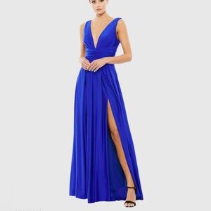 NWT Ieena for Mac Duggal Blue Jersey Plunge Neck Evening Gown 26578 Size 14